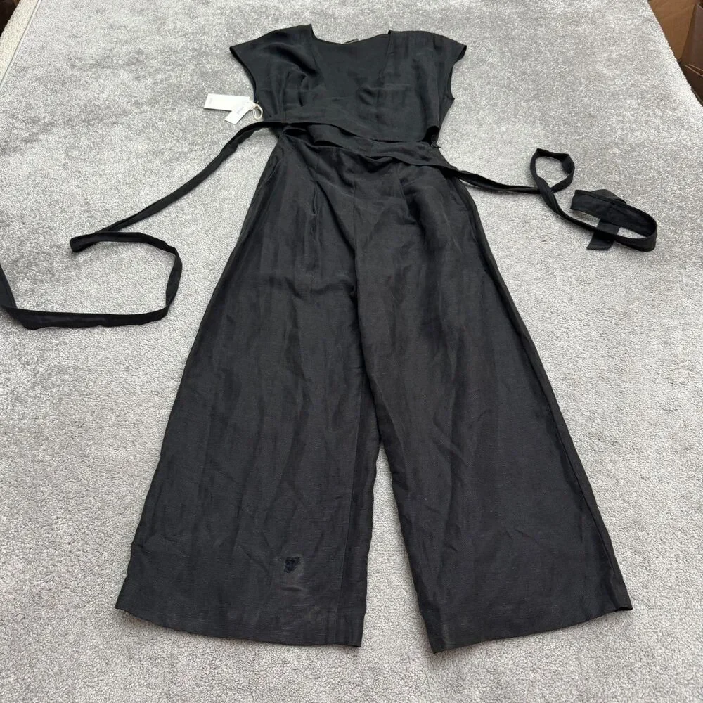 Aritzia Wilfred Brax Linen Blend Wide Leg Jumpsuit womens 4 Black Tie Waist NWD
